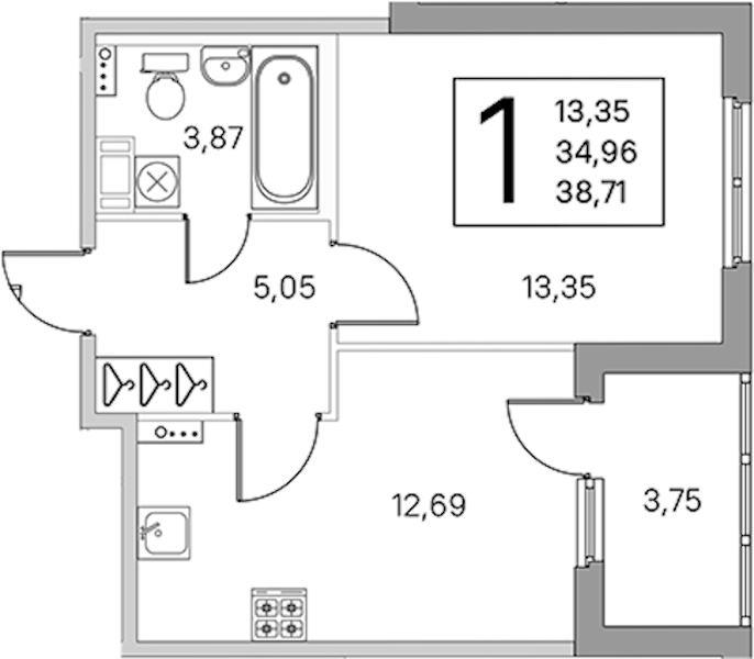 1-комнатная квартира 36.84 м², 2/4 эт., ЖК «Любоград в Стрельне»